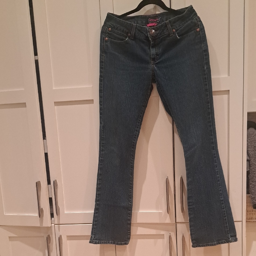 010  Wrangler Dark Blue With Cute Pink Accents Straight Leg Women's Jeans